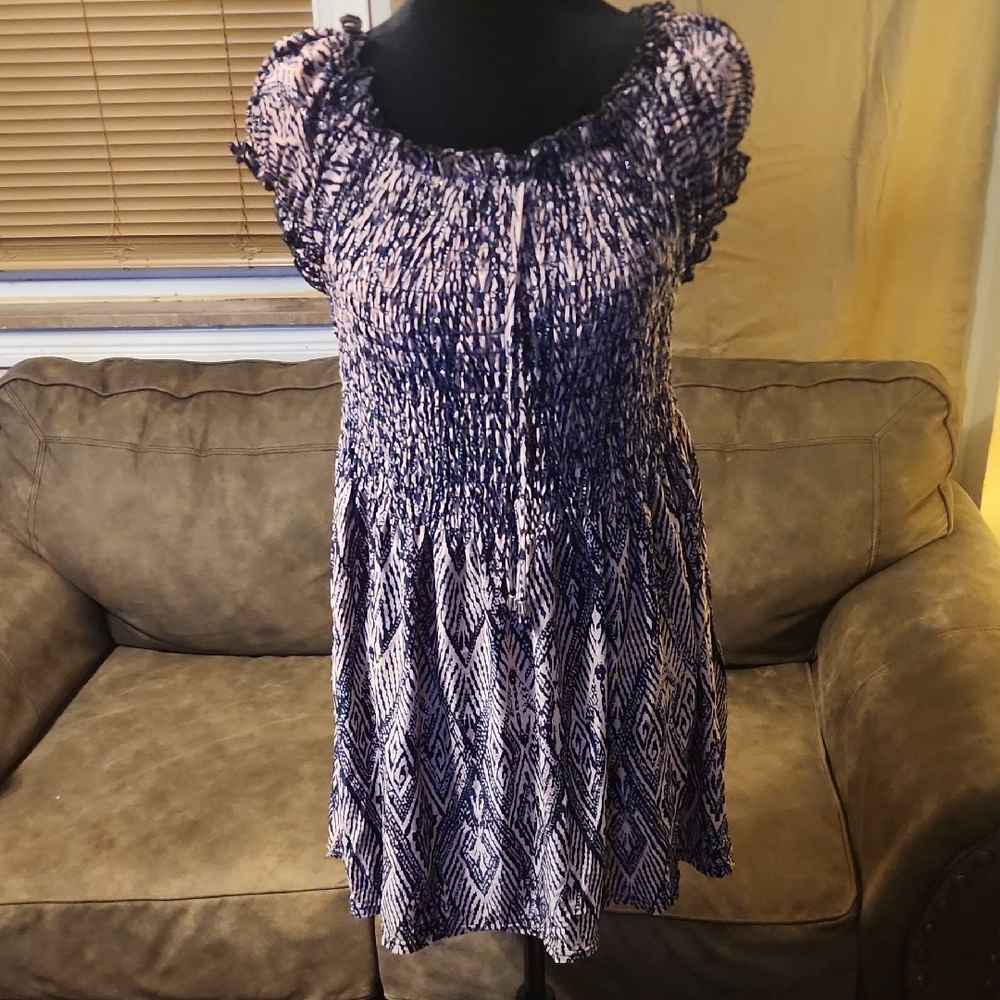 Chic Blue and Tan Sequin Smocked Mini Dress With Tie Front Size 3x